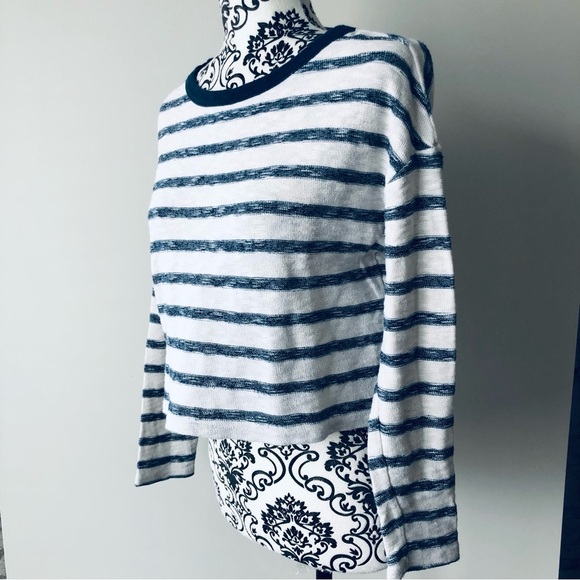 Pull & Bear Cropped Striped Knit Sweater Shirt Top White Navy Blue S - Picture 5 of 5